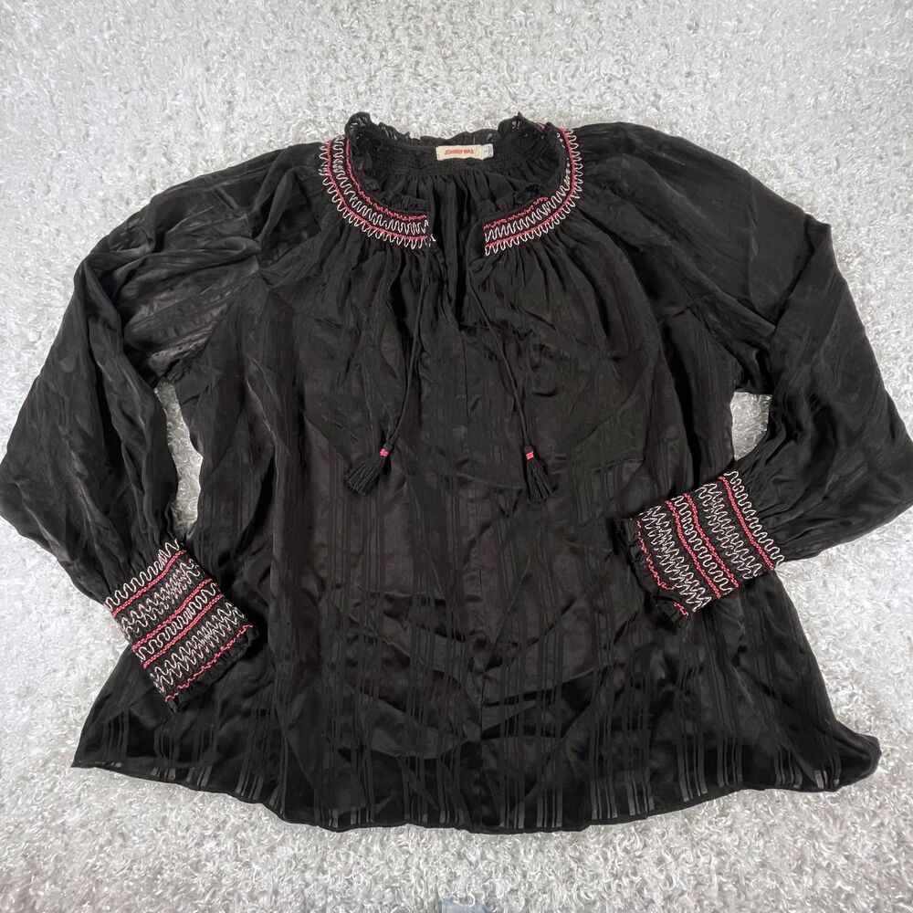 Johnny Was L Silk Zig Zag Embroidered Blouse Black Tassels Boho Peasant Top Luxe - Picture 3 of 14